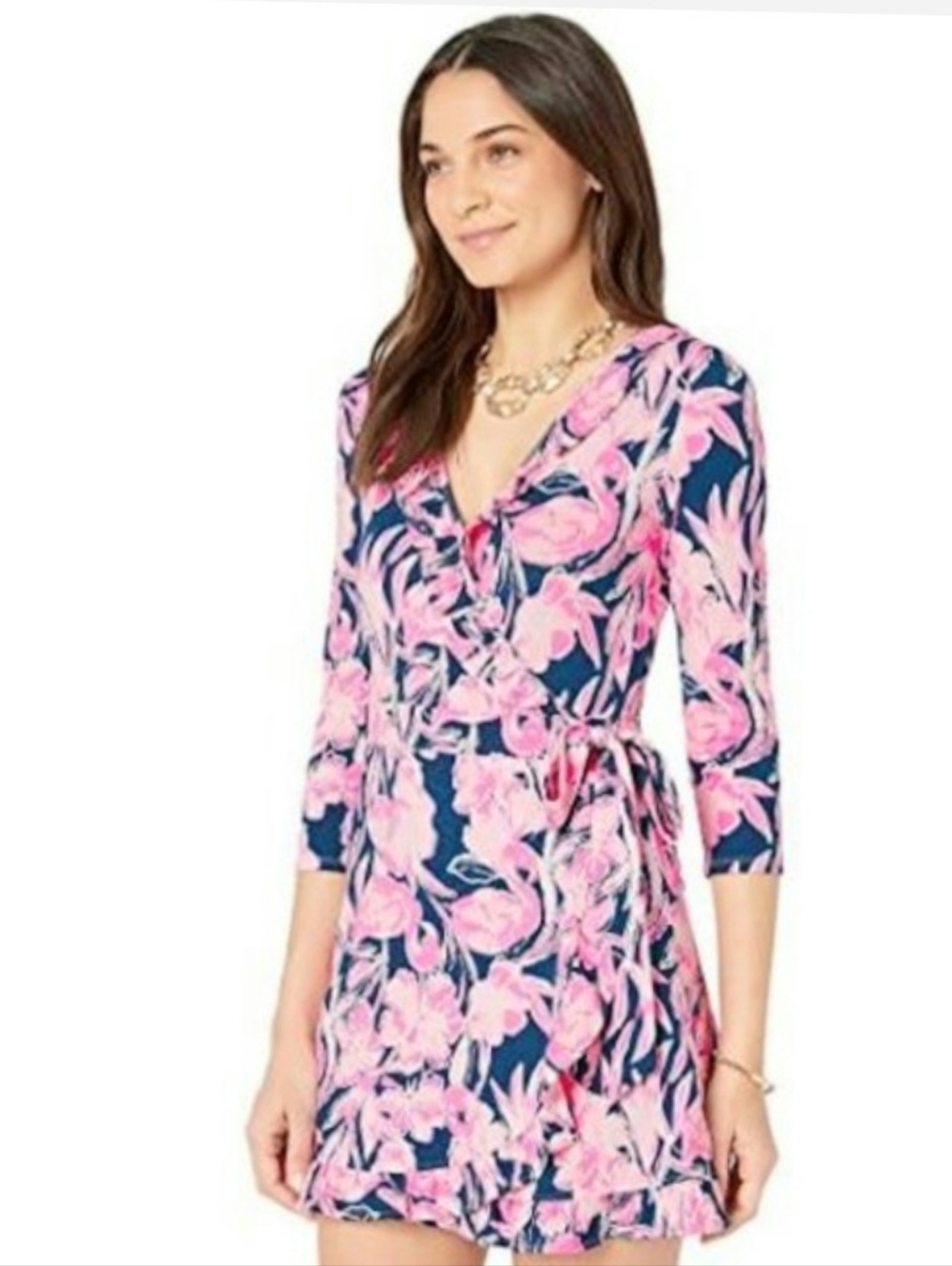 Lilly Pulitzer Jessalynne Wrap Romper Pink & Navy Flamingo Floral Ruffle L Comfy